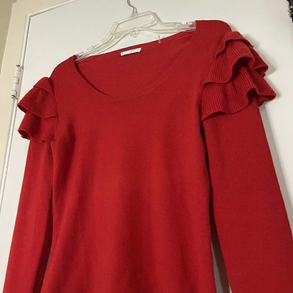 Badgley Mischka Red Wool knit ruffle sleeve detail round neck sweater size small